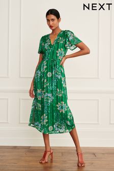 Green V-Neck Chiffon Tie Waist Midi Dress (D52883) | TRY 912
