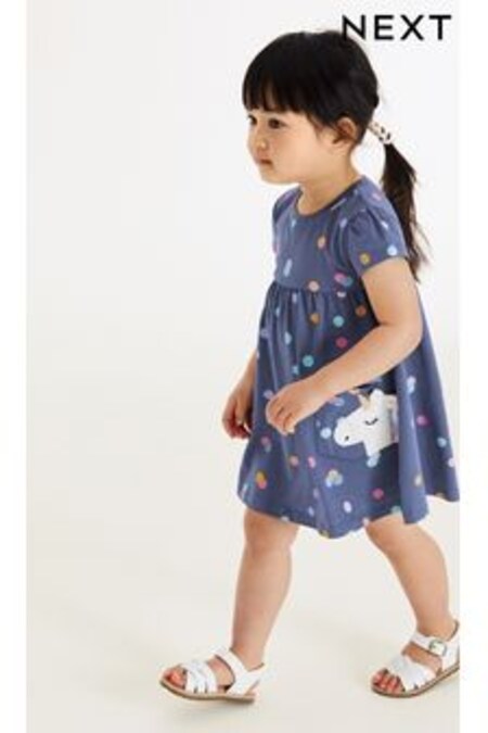 Azul marino con unicornio - Vestido de manga corta de punto de algodón (3 meses-7 años) (D53211) | 10 € - 12 €