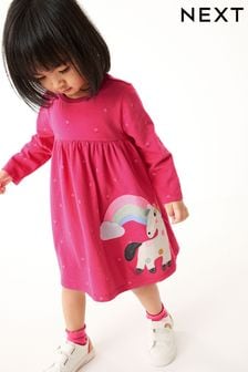 Pink Unicorn Long Sleeve Appliqué Jersey Dress (3mths-7yrs) (D53222) | €7 - €9