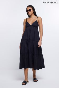 Черное платье миди с присборенной отделкой River Island (D53303) | €24