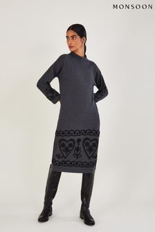 Monsoon Long Grey Cornelli Dress in Sustainable Cotton (D53330) | 69 €