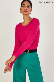 Monsoon Pink Ruffle Scoop Neck Jumper with Sustainable Viscose (D53333) | €38