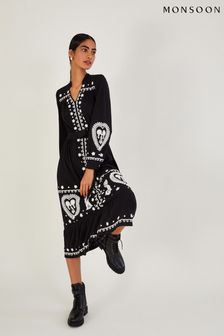 Monsoon Black Embroidered Jersey Shirt Dress in Sustainable Cotton (D53335) | 146 €