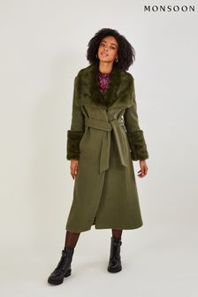 Monsoon Sadie Faux Fur Trim Wrap Coat (D53337) | 1,641 LEI