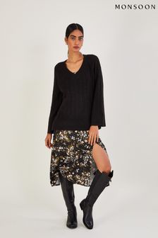 Monsoon V-neck Cable Longline Black Jumper With Recycled Polyester (D53340) | 87 €