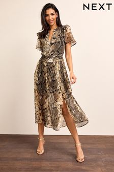 Snake Print Chiffon Flutter Sleeve Midi Dress (D53788) | $69