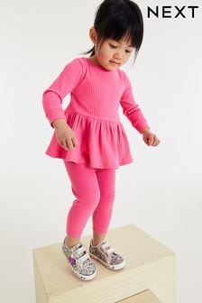 Ярко-розовый - Трикотажный свитер с баской и леггинсы (3 мес.-7 лет) (D53813) | 9 380 тг - 12 060 тг