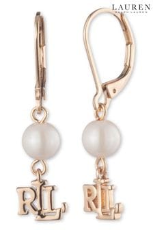 Gold Lauren Ralph Lauren Pearl and Logo Drop Earrings (D53922) | 157 zł
