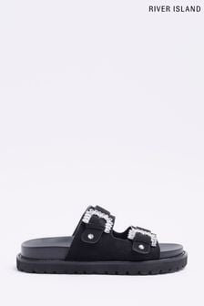 Črni sandali z dvema zaponkama in ravnim podplatom River Island (D53982) | €24