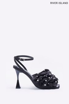 Черные босоножки на каблуке с жемчугом и оборками River Island (D53990) | €37