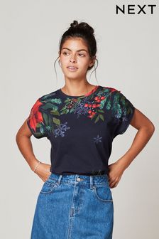 Azul marino con flores navideñas - Camiseta de manga corta (D54351) | 40 €
