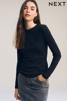 Black Long Sleeve Ribbed Crew Neck Top (D54357) | OMR8