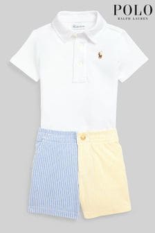 Set tricou polo Ralph Lauren Bebeluși Alb cu logo și pantaloni scurți funstripe (D54475) | 661 LEI