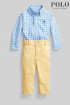 Set cămașă polo Ralph Lauren Bebeluși Albastru Verificare cu logo și Pantaloni (D54478) | 835 LEI