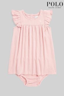 Rochie Polo Ralph Lauren roz cu logo fără mâneci și bandă de păr pentru bebeluși (D54498) | 528 LEI