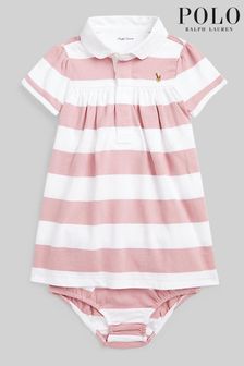 Różowo-biała niemowlęca sukienka polo Polo Ralph Lauren w paski rugby z logo (D54502) | 451 zł