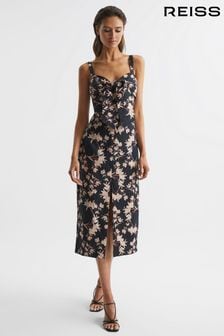 Reiss Black/Blush Aleen Floral Print Linen Midi Dress (D54758) | 257 €