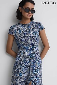 Reiss Blue Livia Petite Printed Cut Out Back Midi Dress (D54759) | kr3,062