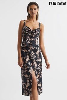 Reiss Black/Blush Aleen Petite Floral Print Linen Midi Dress (D54781) | 1,235 QAR