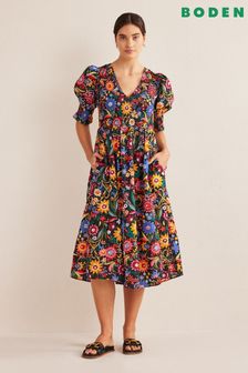Boden Wadenlanges Kleid mit gesmoktem Oberteil, Schwarz (D55076) | 148 €