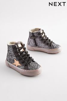 Pewter Grey Glitter Glitter Fleece Lined Lace-Up High Top Trainers (D55443) | €19 - €21