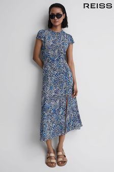 Reiss Blue Livia Printed Cut Out Back Midi Dress (D55826) | $277