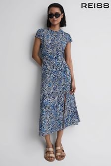 Reiss Blue Livia Printed Cut Out Back Midi Dress (D55826) | $297