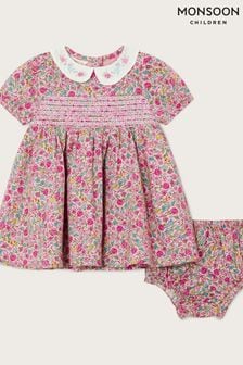 Monsoon Newborn Pink Shirred Ditsy Smock Dress Set (D56126) | 40 €
