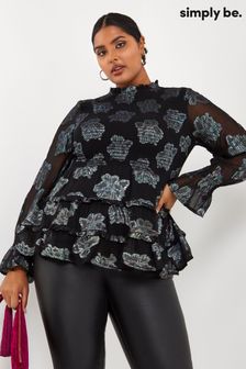 Simply Be Black Foil Jacquard High Neck Shirred Tiered Blouse With Sheer Fluted Sleeves (D56252) | 23 €