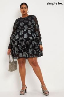 Simply Be Black Foil Print Shirred Smock Dress (D56258) | $107