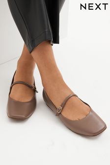 Taupe Signature Leather Mary Jane Flat Shoes (D56384) | $66