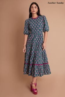 Another Sunday Tiered Midi Smock Dress With Puff Sleeves In Green (D56575) | EGP2,660