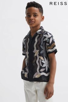Reiss Black Delphi Junior Linen Floral Cuban Collar Shirt (D56885) | TRY 969