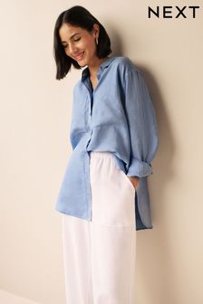 Blue 100% Linen Long Sleeve Curved Hem Shirt (D57285) | TRY 871
