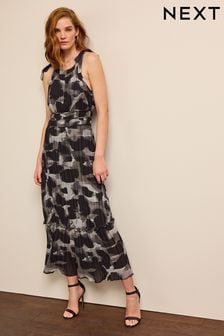 Black and Grey Abstract Animal Print Sleeveless Tie Shoulder Pleated Maxi Dress (D57356) | 108 zł