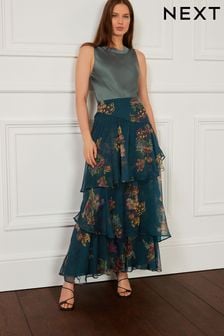 Preen Navy Blue Floral Tiered Midi Skirt (D57358) | 47 €