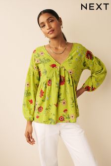 Limonkowy w kwiaty - Bluzka z długim rękawem i dekoltem w szpic (D57397) | 60 zł