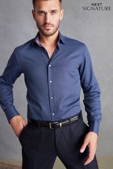 Navy Blue Slim Fit Double Cuff Signature Textured Trimmed Formal Shirt (D57401) | BGN 120