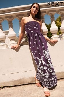 Fialový s barevným potiskem - Maxi šaty bandeau ze 100% bavlny (D57462) | 1 345 Kč