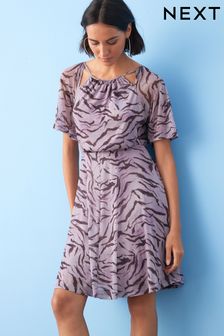 Lilac Purple Zebra Print Flutter Sleeve Mesh Mini Dress (D57473) | €14