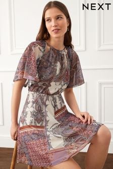 Ecru Cream Paisley Print Flutter Sleeve Mesh Mini Dress (D57474) | €17
