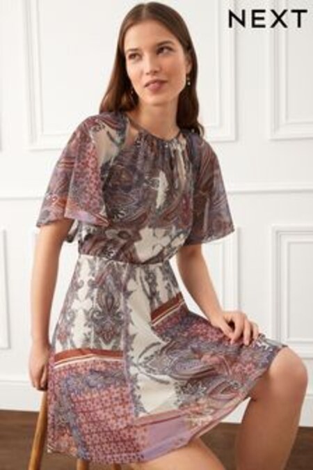 Ecru Cream Paisley Print Flutter Sleeve Mesh Mini Dress (D57474) | 38 €