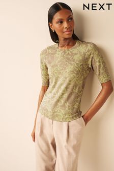 Yellow/Grey Snake Gem Embroidery Detail Short Sleeve Knit Top (D57512) | €11