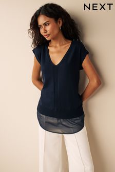 Navy Blue Split Shoulder Short Sleeve Knit Layer Top (D57896) | €14