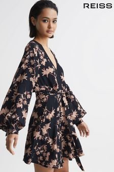 Reiss Pink/Black Kerina Floral Print V-Neck Dress (D57998) | €95