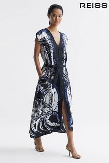 Reiss Navy/White Freja Scarf Printed Midi Dress (D57999) | $438