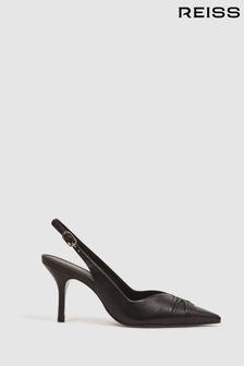Reiss Black Delilah Mid Heel Leather Sling Back Court Shoes (D58007) | $397