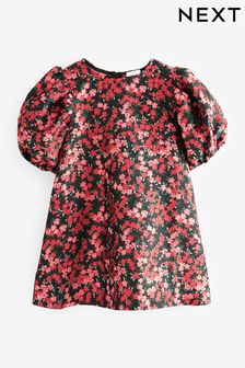 Red Floral Puff Sleeve Jacquard Dress (3-16yrs) (D58179) | €25 - €30