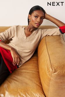 Kuscheliger, langer Tunika-Pullover mit V-Ausschnitt, langen Ärmeln und Print (D59425) | 16 €
