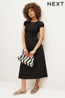 Black Poplin Jersey Mix Short Sleeve Midi Dress (D59759) | €16